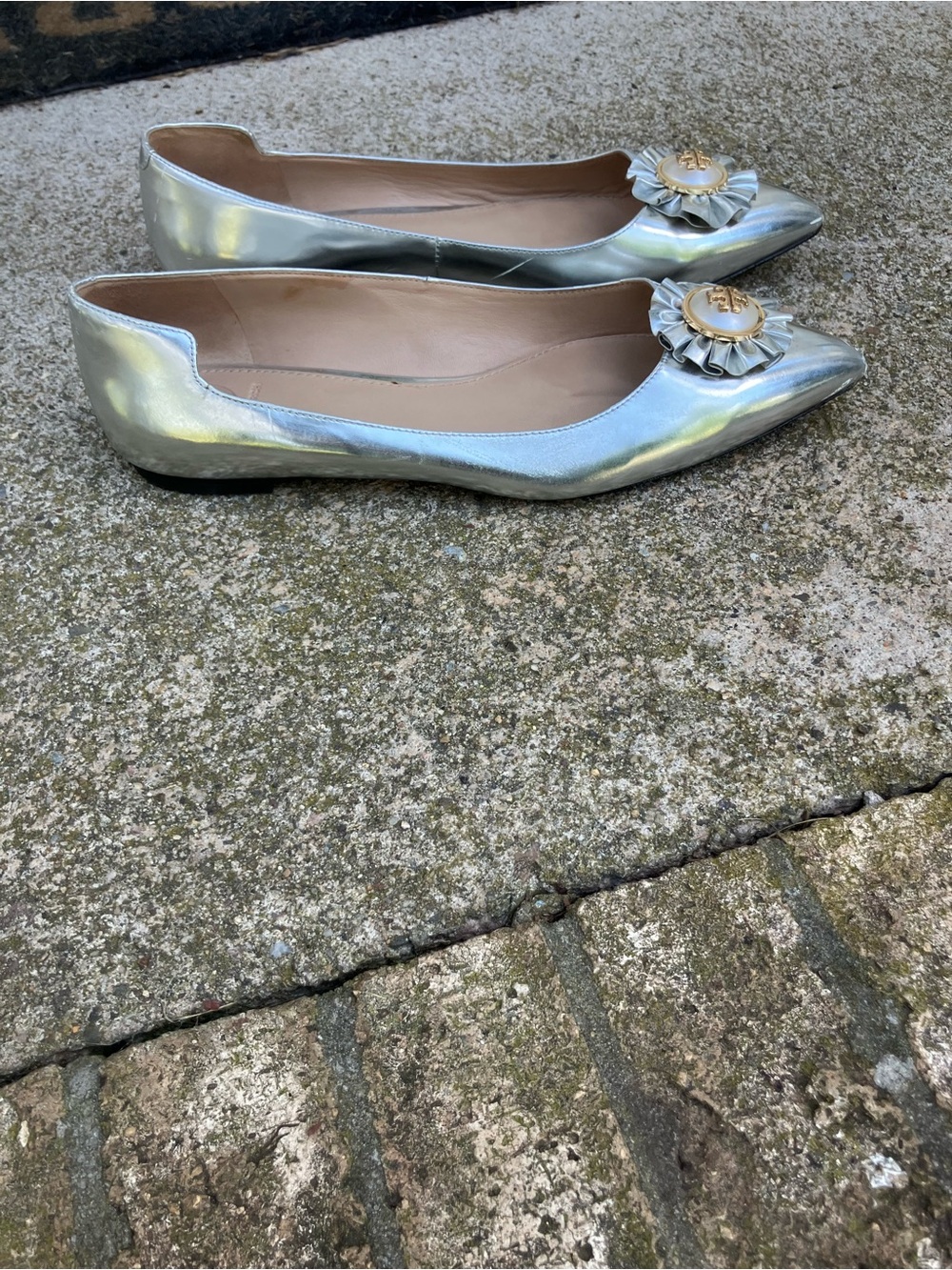 Tory Burch Metallic Silver Pointed-Toe Flats with Rosette Medallion - Picture 3 of 6